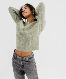 GEMO Pull  en maille fantaisie avec col rond à boutons femme vert standard