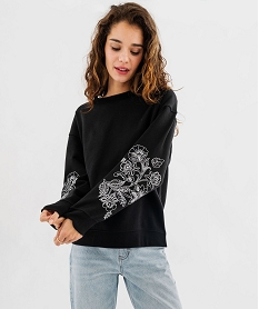 GEMO Sweat en molleton doux à manches brodées femme noir standard