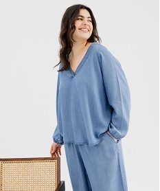 GEMO Blouse à manches longues col V en Lyocell femme grande taille bleu standard