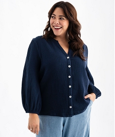 GEMO Blouse manches 34 en gaze de coton stretch femme grande taille Bleu