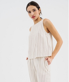 GEMO Blouse sans manches unie en viscose et lin à rayures femme blanc chine