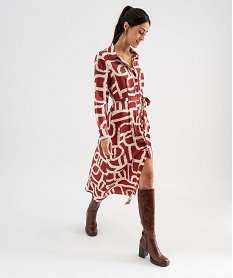 GEMO Robe chemise longue à manches longues en satin imprimé femme Brun