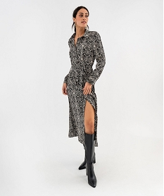 GEMO Robe chemise longue à manches longues en satin imprimé femme Noir