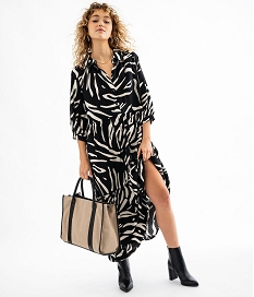 GEMO Robe à manches 34 imprimée en viscose femme Noir
