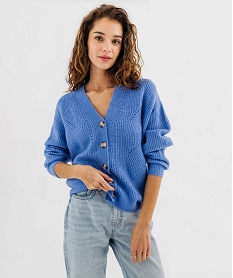 GEMO Gilet col V en maille ajourée femme bleu standard