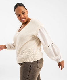 GEMO Pull col V à manches blouse effet 2-en-1 femme grande taille blanc chine