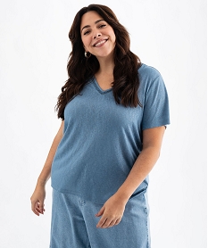 GEMO Tee-shirt manches courtes pailleté à col V femme grande taille Bleu