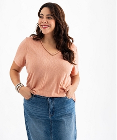 GEMO Tee-shirt manches courtes pailleté à col V femme grande taille beige standard