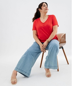 GEMO Tee-shirt manches courtes pailleté à col V femme grande taille rouge standard