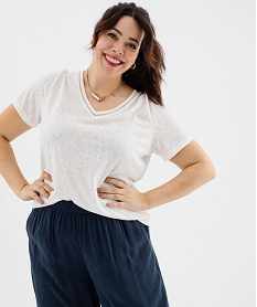 GEMO Tee-shirt manches courtes pailleté à col V femme grande taille beige standard