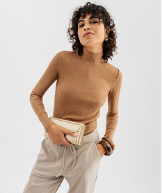 GEMO Tee-shirt manches longues et col montant en maille ajourée femme marron standard