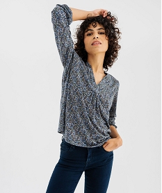 GEMO Tee-shirt manches longues imprimé col V fantaisie femme bleu standard