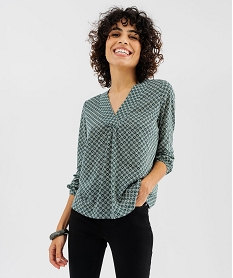 GEMO Tee-shirt manches longues imprimé col V fantaisie femme vert standard