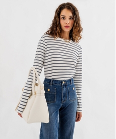 GEMO Tee-shirt manches longues rayé en maille côtelée femme blanc chine