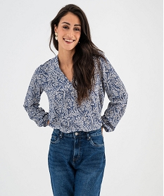 GEMO Tee-shirt à manches longues et col V en maille texturée femme Bleu