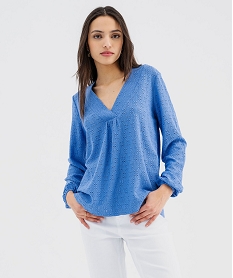 GEMO Tee-shirt à manches longues et col V en maille ajourée femme bleu standard