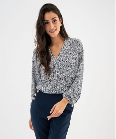 GEMO Tee-shirt à manches longues et col V en maille texturée femme Bleu