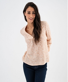 GEMO Tee-shirt à manches longues et col V en maille texturée femme imprime fleurs