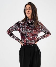 GEMO Tee-shirt manches longues et col roulé imprimé femme imprime couleur