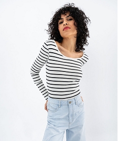 GEMO Body manches longues en maille côtelée à rayures femme blanc chine