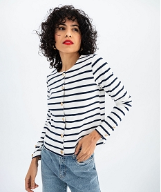 GEMO Veste en maille à col rond à rayures femme - LuluCastagnette blanc chine