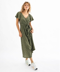 GEMO Robe longue en maille gaufrée à col cache-cœur femme Vert