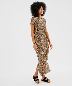 GEMO Robe longue manches courtes en maille imprimée léopard femme Beige