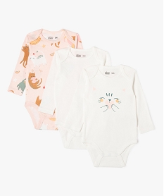 GEMO Body manches longues en coton à motifs chats bébé (lot de 3) Beige