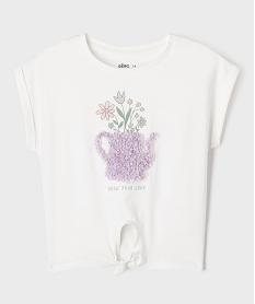 GEMO Tee-shirt manches courtes avec motif en relief et noeud fille Blanc