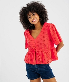 GEMO Blouse manches courtes en broderie anglaise à basque femme rouge standard