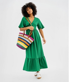 GEMO Robe longue col V à dos fantaisie femme vert standard