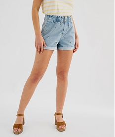 GEMO Short en jean délavé coupe ample et taille paper bag à motifs brodés femme Bleu