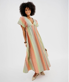 GEMO Robe longue et ample à manches courtes en popeline de coton rayée femme Imprimé