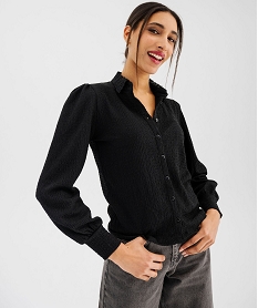 GEMO Chemise manches longues en maille stretch froissée à col dentelle femme noir standard