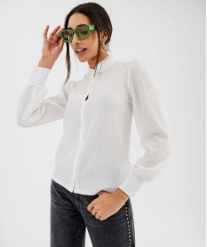 GEMO Chemise manches longues en maille stretch froissée à col dentelle femme blanc chine