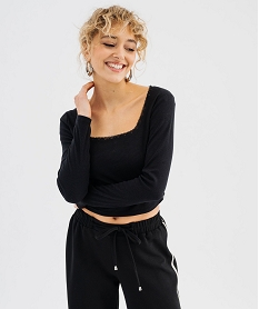 GEMO Tee-shirt court à manches longues à col carré femme noir standard