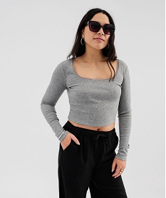 GEMO Tee-shirt court à manches longues à col carré femme Gris