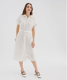 GEMO Robe chemise longue à manches courtes en gaze de coton femme blanc chine