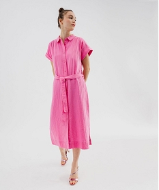 GEMO Robe chemise longue à manches courtes en gaze de coton femme rose standard
