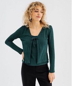 GEMO Tee-shirt manches longues en maille effet 2 en 1 femme vert standard