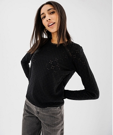GEMO Tee-shirt manches longues en maille extensible ajourée et dentelle femme noir standard