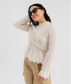 GEMO Pull ajouré avec manches chemise femme blanc chine