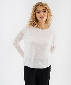 GEMO Tee-shirt manches longues en maille résille femme blanc chine