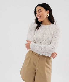 GEMO Tee-shirt manches longues en maille extensible ajourée et dentelle femme Beige