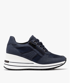 GEMO Baskets à talon compensé lacets et zip femme Bleu