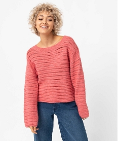 GEMO Pull femme court en maille ajourée Rose