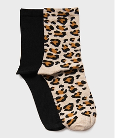 GEMO Chaussettes unies et motif léopard femme (lot de 2) marron standard