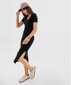 GEMO Robe longue en maille côtelée à manches courtes femme noir standard