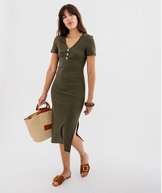 GEMO Robe longue en maille côtelée à manches courtes femme kaki standard
