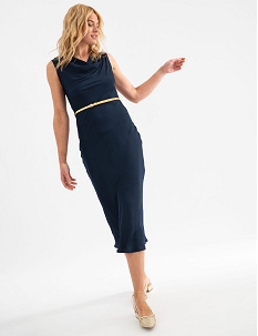 GEMO Robe longue sans manches à col bénitier en satin avec ceinture brillante femme Bleu